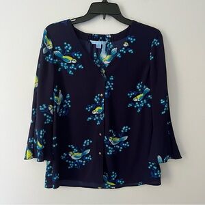 Draper James Blue Magnolia Mockingbird Bird Floral Bell Sleeve Blouse 10